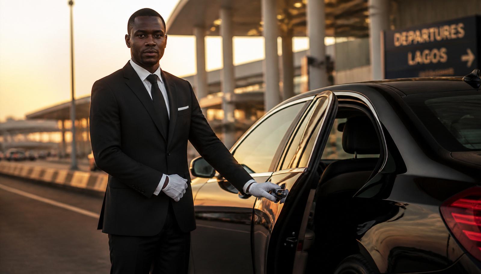 Chauffeur in white gloves opening a luxury car door at a Lagos terminal